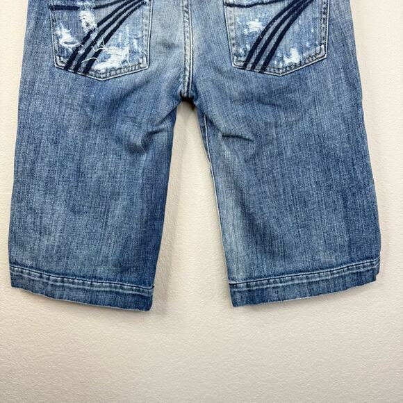 7 For All Mankind DOJO Shorts Long Made  USA Womens 28 Blue Denim Distressed - Picture 9 of 15